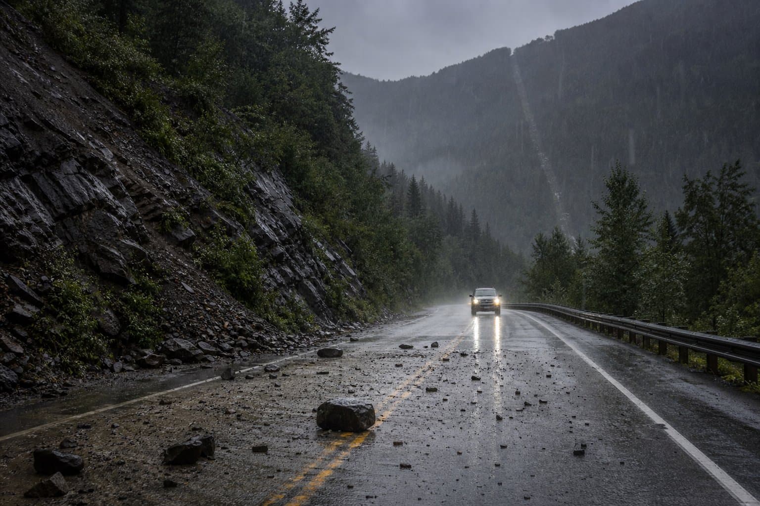Cover image for article: Rockfall risk added to Anchorage flood watch as second rain round targets Monday commute