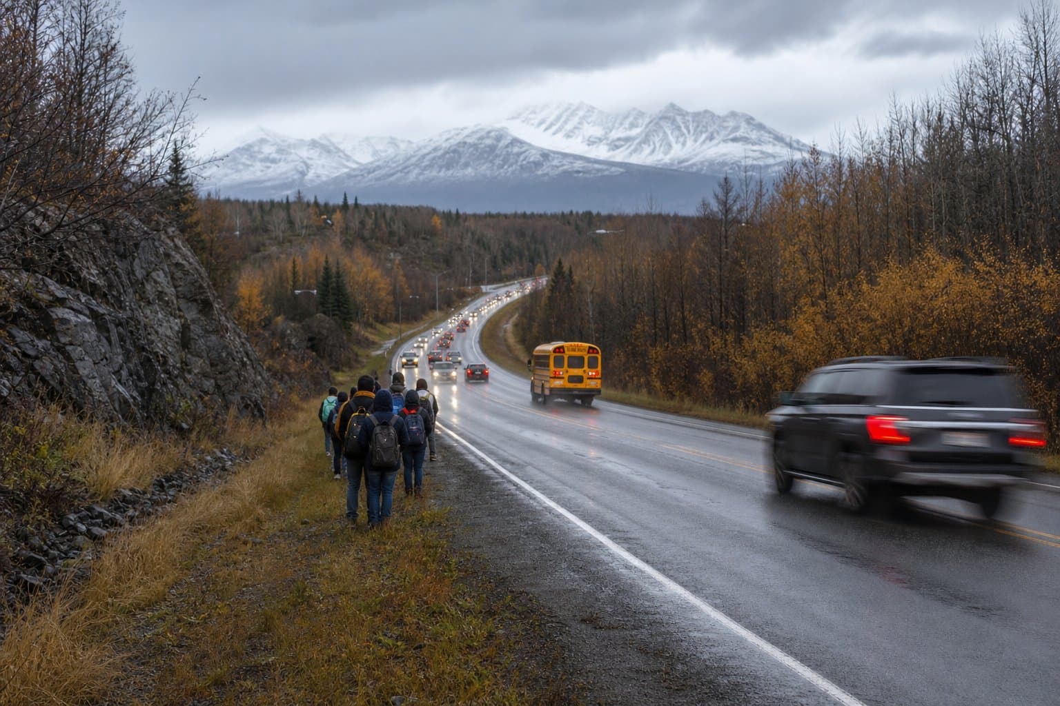 Cover image for article: Students wait for the bus on the shoulder of Rabbit Creek Road