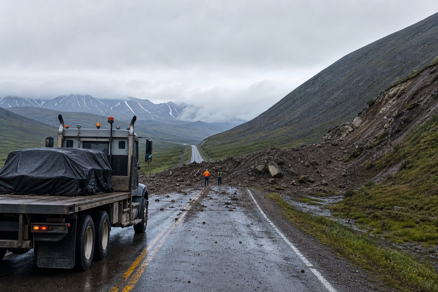 Cover image for article: Dalton Hwy closed at MM 230–231 after landslide blocks both lanes