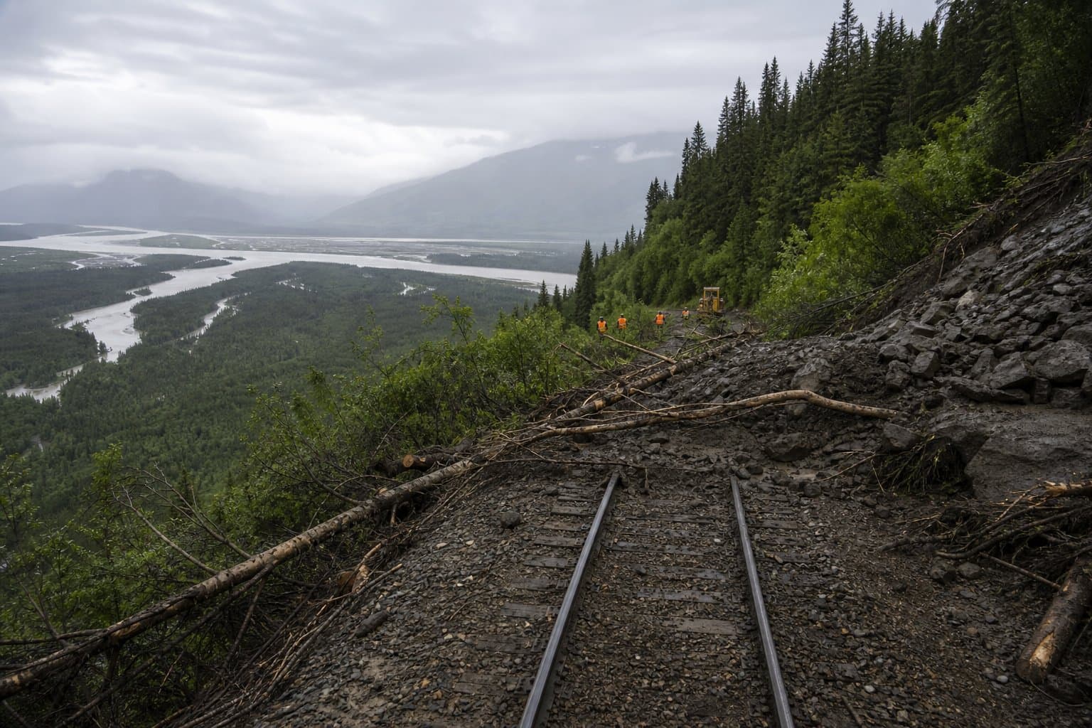Cover image for article: Landslide north of Talkeetna cut Alaska Railroad service to Denali in July