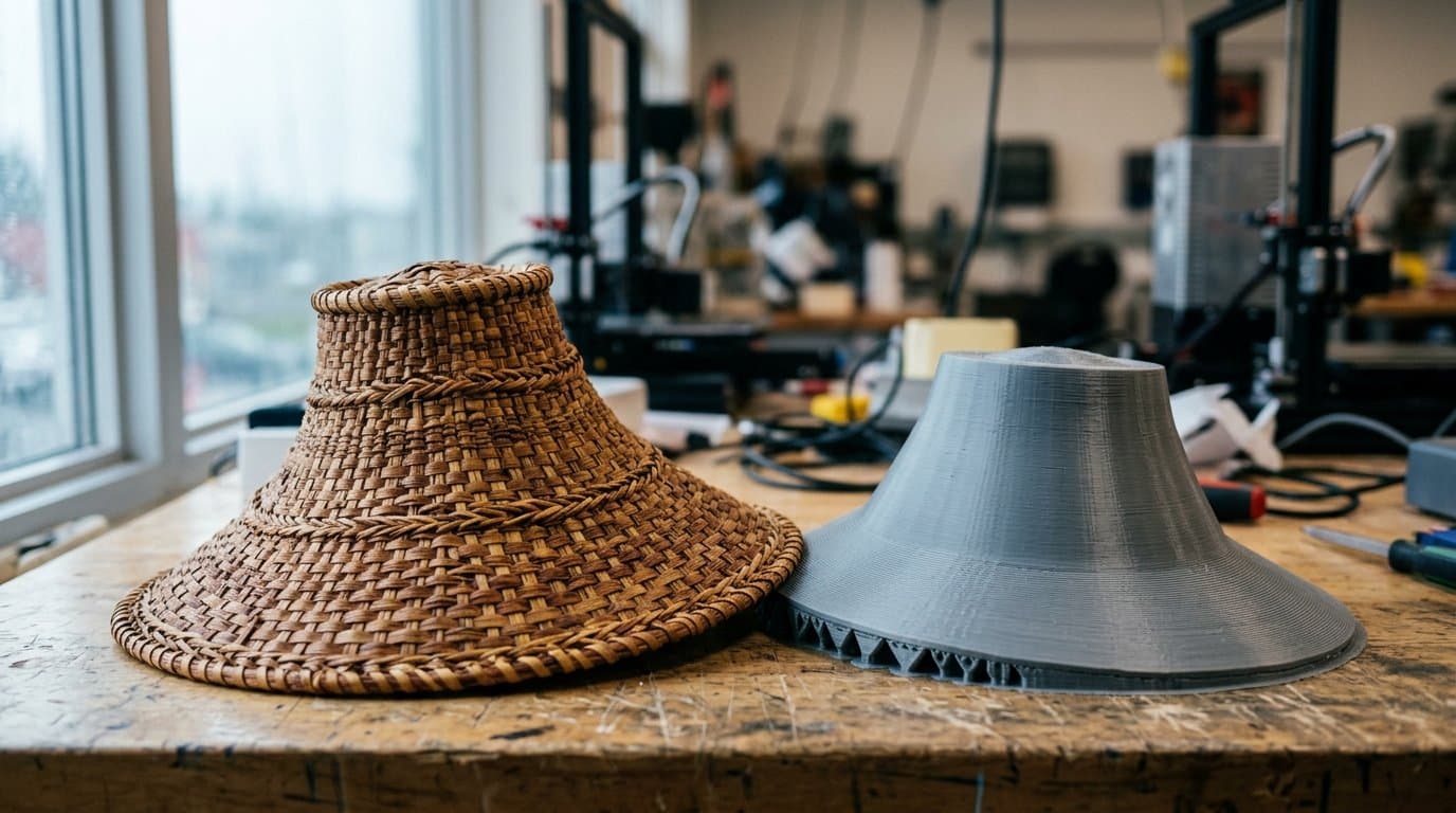 Cover image for article: A young weaver 3D-printed his own form to make a cedar bark hat