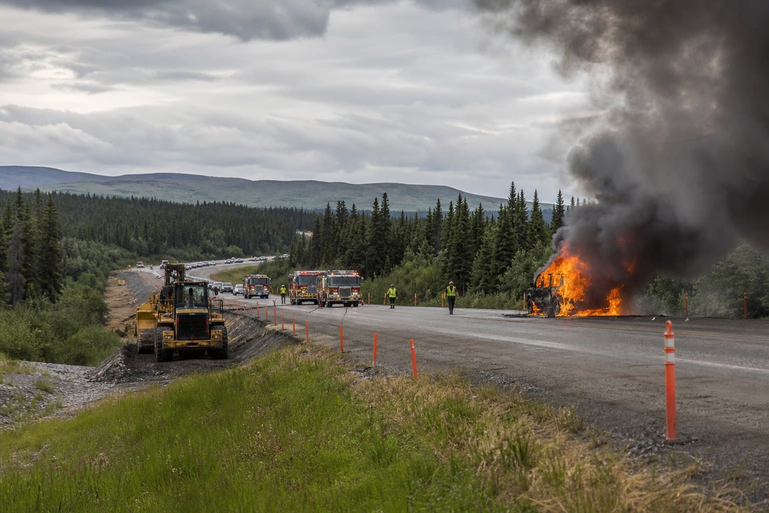 Cover image for article: Vehicle fire closed a lane in the Richardson Highway work zone near mile 349