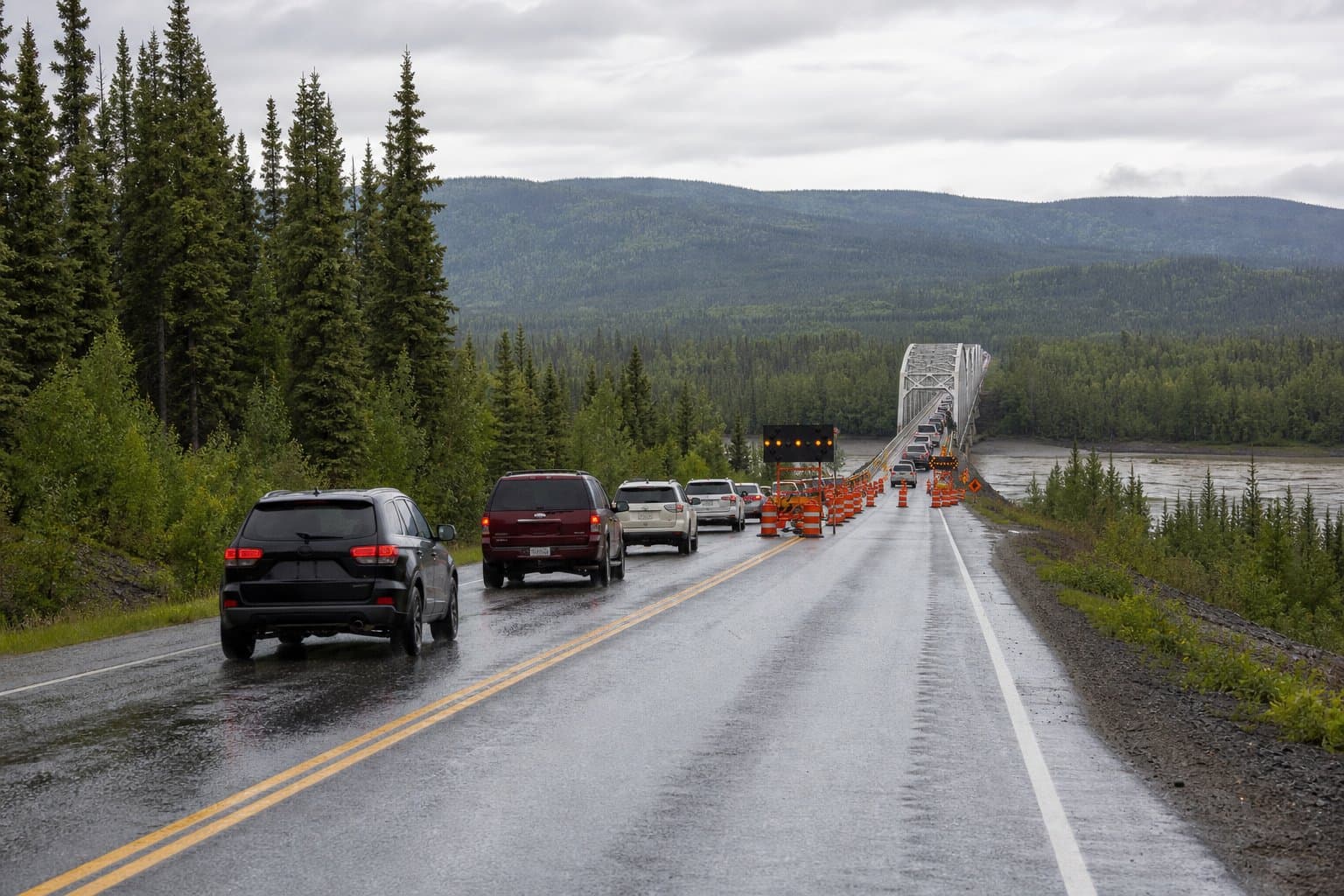 Cover image for article: One lane closed on the Alaska Highway at the Johnson River Bridge, through Sunday