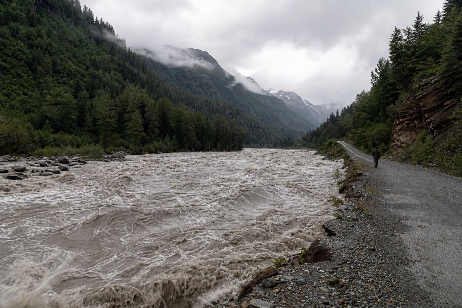 Cover image for article: Summit Lake outburst floods Salmon River; Hyder road at risk