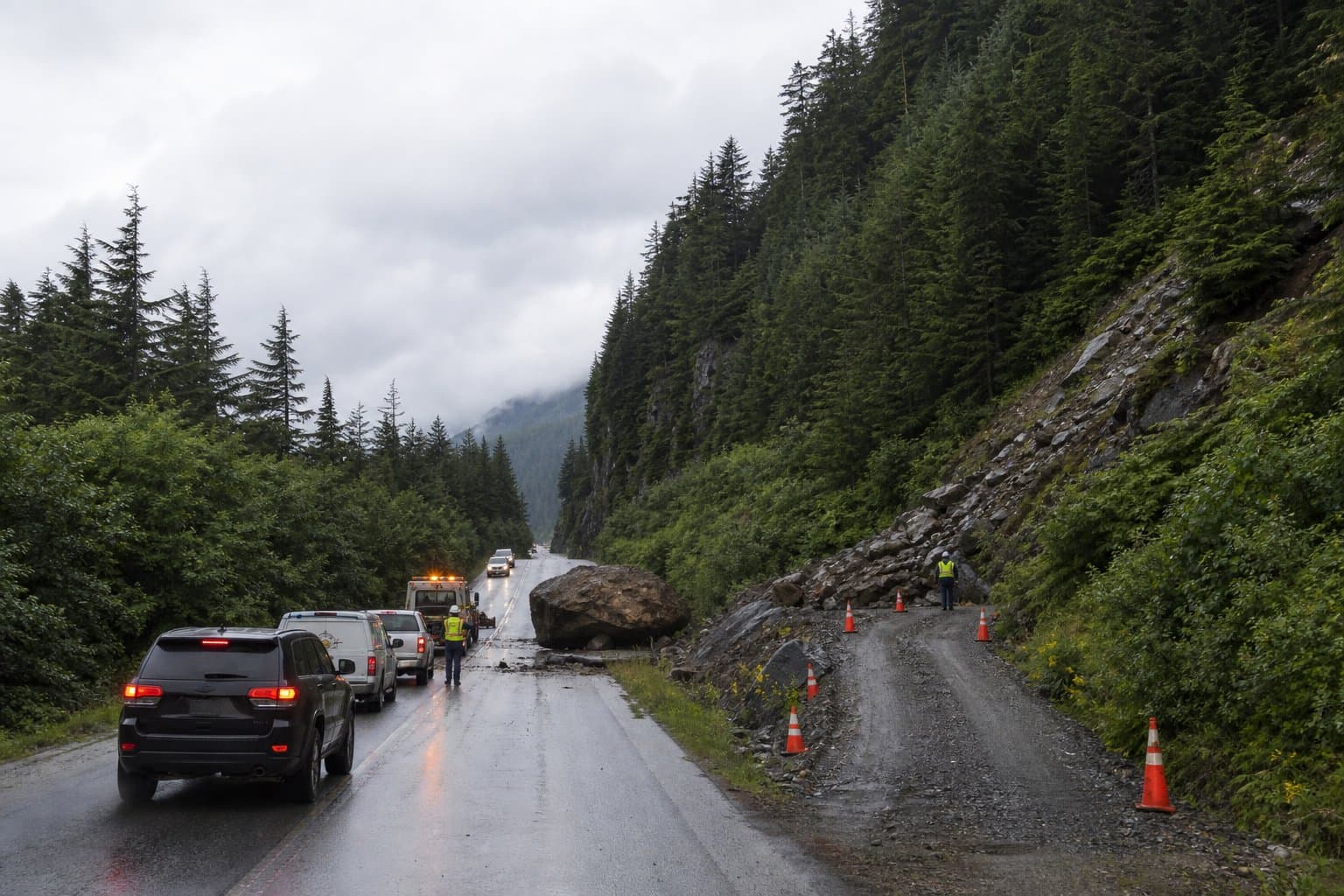 Cover image for article: Rockslide puts boulder in lane on North Tongass Hwy near mile 5