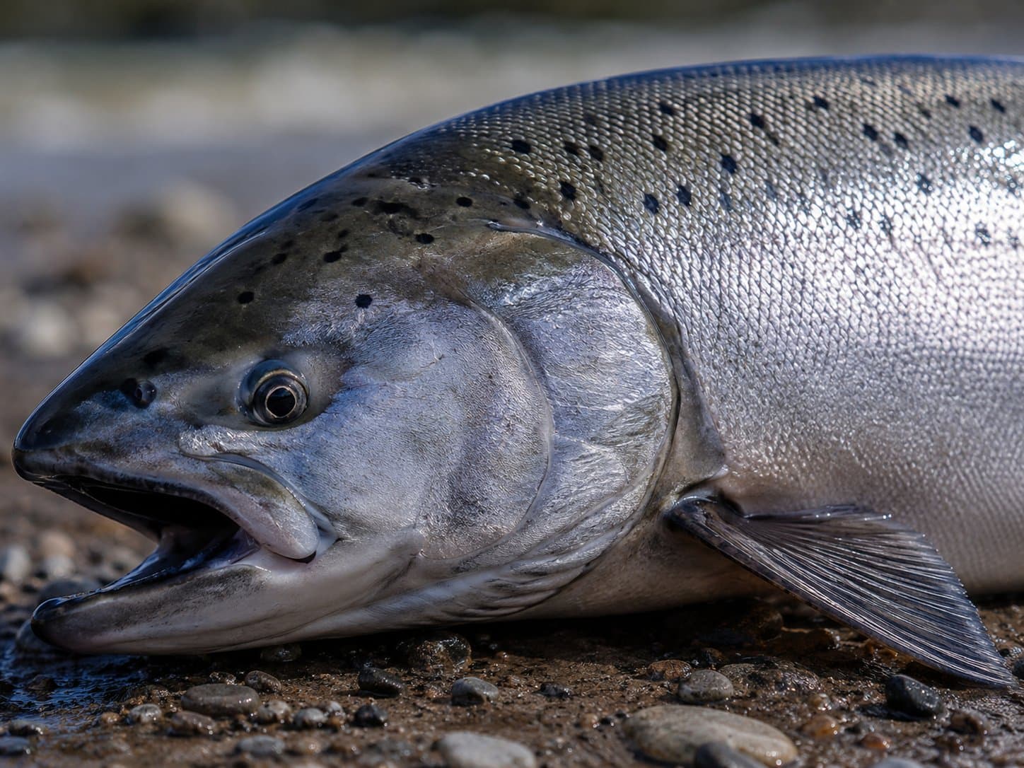 A silver salmon lies on a rocky riverbank with its mouth slightly open, showcasing its metallic scales and dark spotted pattern.