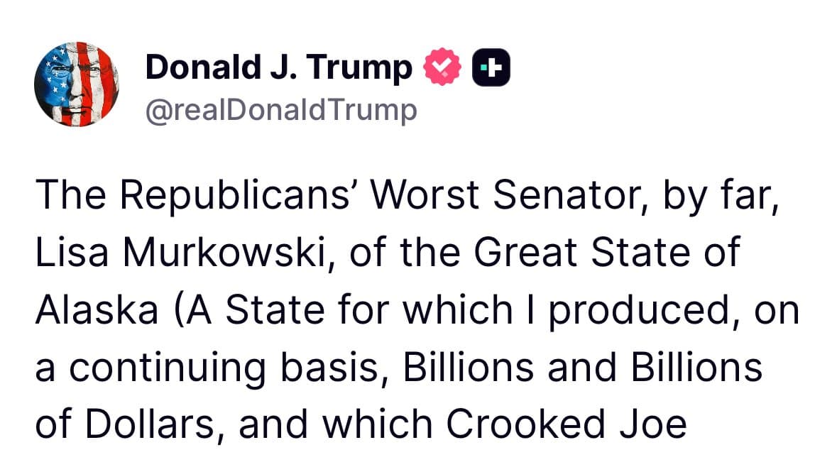 Cover image for article: Trump calls Murkowski a disgrace and urges Alaskans to repeal ranked-choice voting