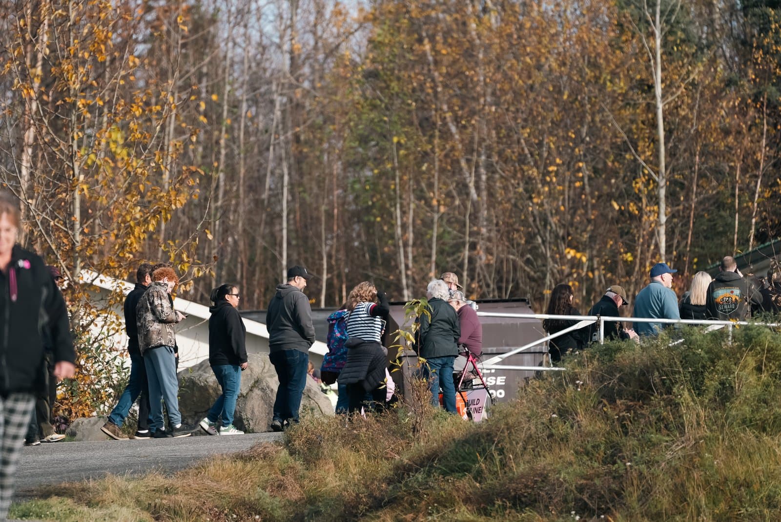 A group of people walks along a paved path near a wooded area with autumn foliage in Seward, Alaska.
