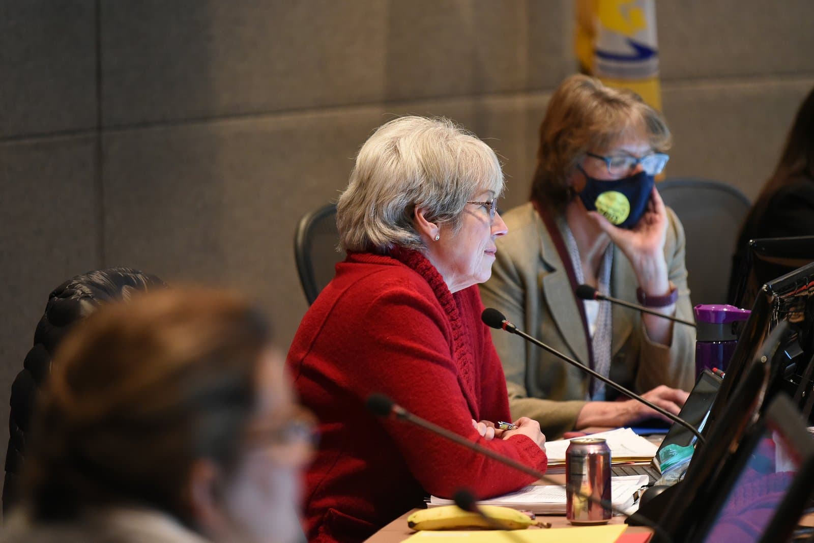 A side profile view of several people seated at a long table during an Anchorage Assembly meeting. The person in the foreground wears a red sweater and glasses, speaking into a microphone. Another person in the background wears a mask and glasses, looking at a laptop.