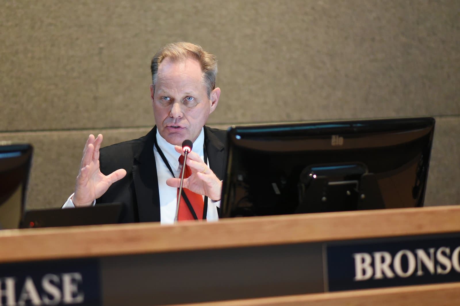 Mayor Dave Bronson gestures while speaking at a public meeting in Anchorage, Alaska, on February 8, 2023.