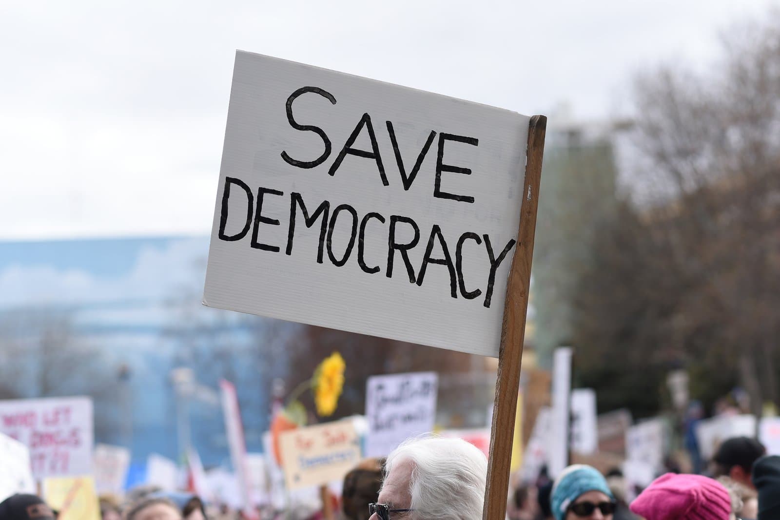 A hand-held sign reading Save Democracy is held up by a participant during a public protest in Anchorage, Alaska.