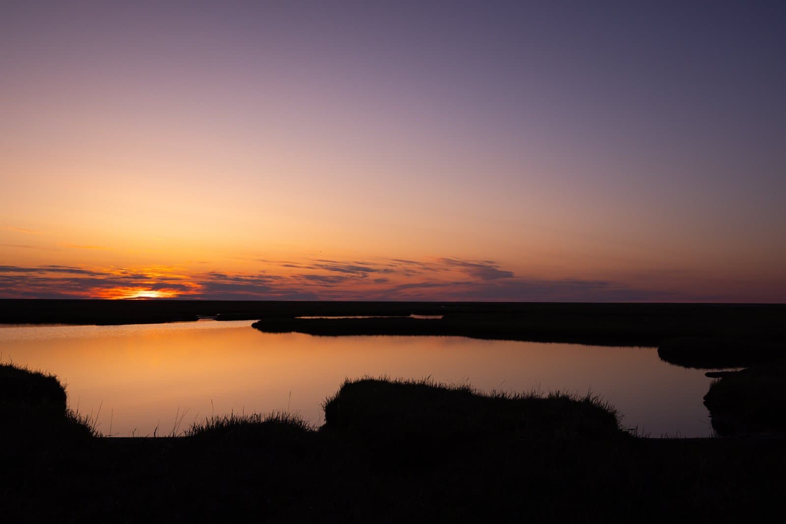 A vibrant sunset casts an orange glow over a calm tundra pond, with silhouettes of grasses in the foreground and a flat horizon.