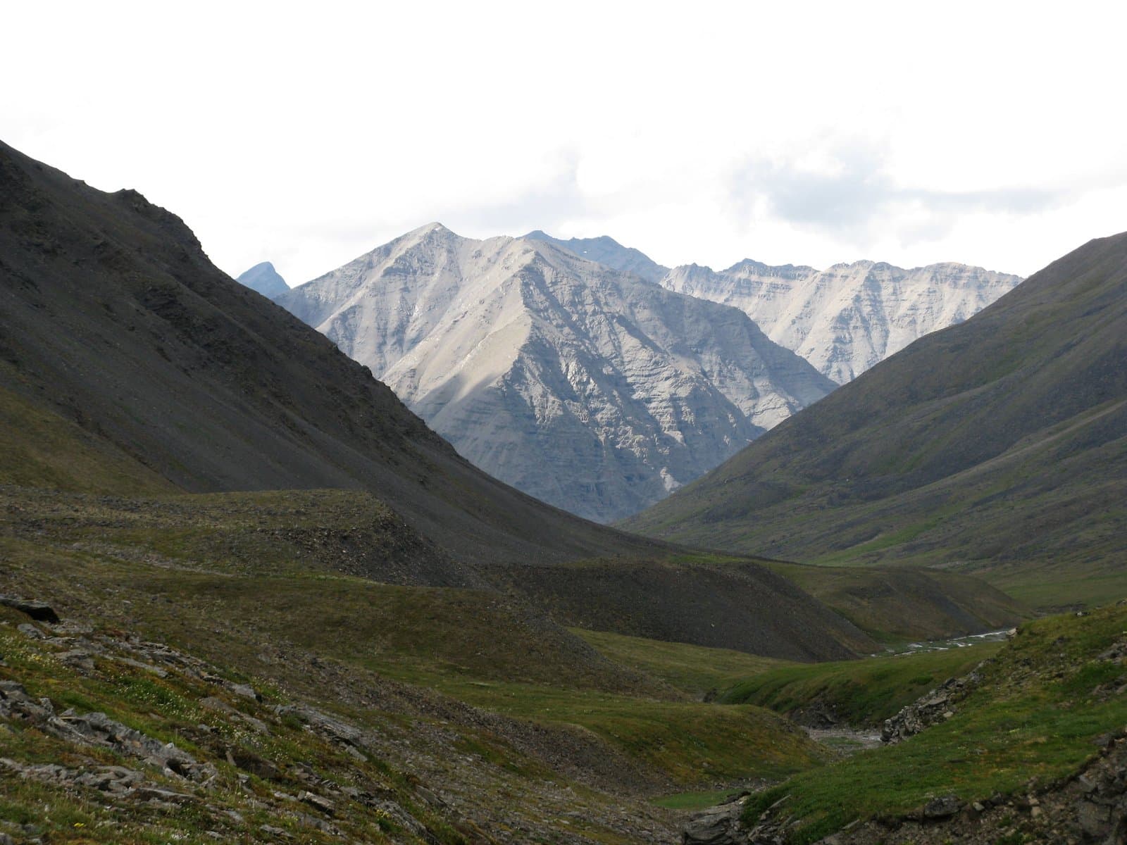 A wide valley with steep, dark, rocky slopes on either side leads to a distant range of light gray, rugged mountains under a bright, cloudy sky. A small stream meanders through the green valley floor.