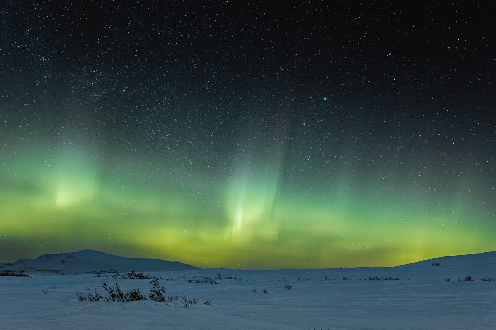 Green aurora borealis lights illuminate the night sky above a vast, snow-covered landscape with distant mountains under a star-filled sky.