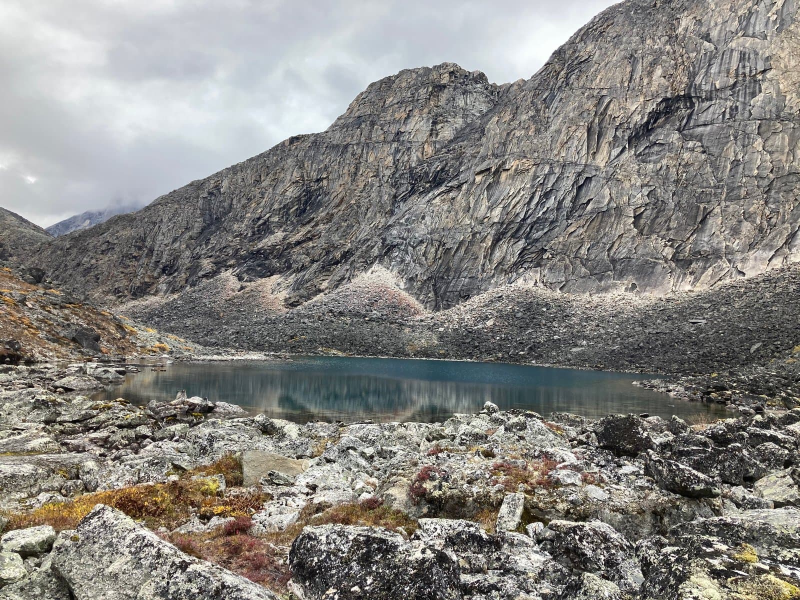 A tranquil mountain lake in Alaska's remote Arrigetch Valley reflects the towering, rugged grey mountains under an overcast sky. The foreground is a rocky landscape with sparse, colorful tundra vegetation showing early fall hues.