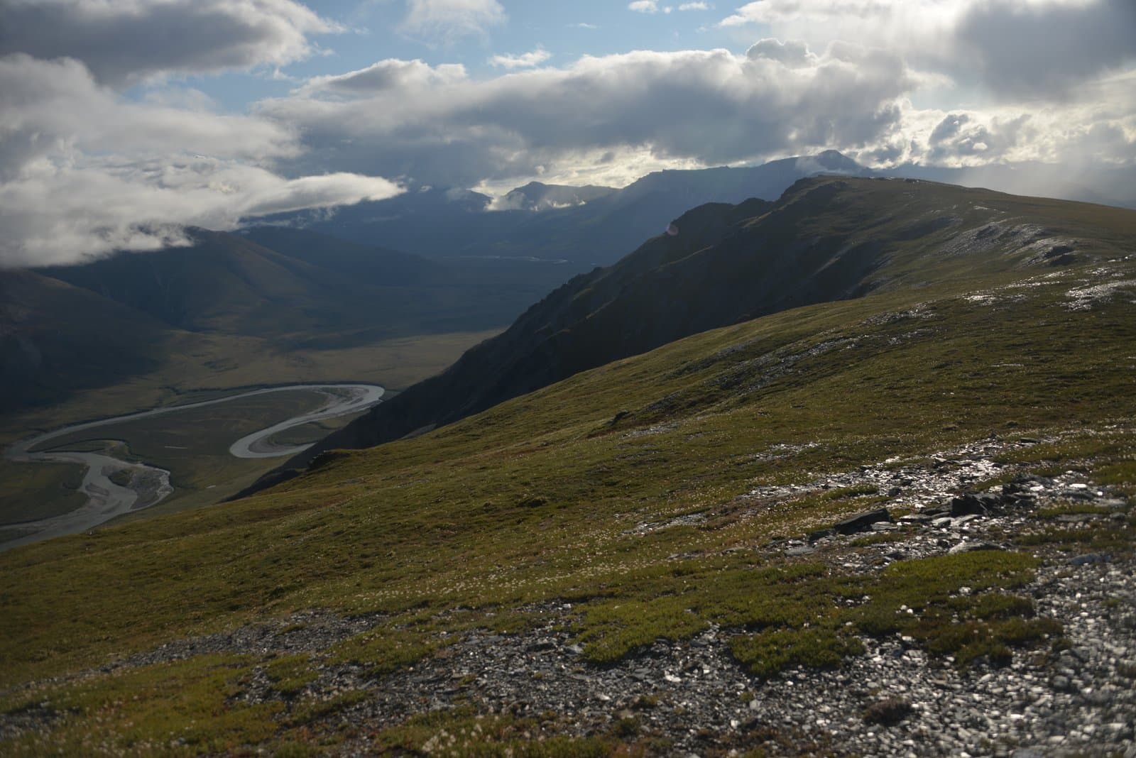 A high-angle view captures the Noatak River winding through a vast valley, flanked by rolling, green mountains under a partly cloudy sky. The foreground features a grassy, rocky slope illuminated by sunlight.