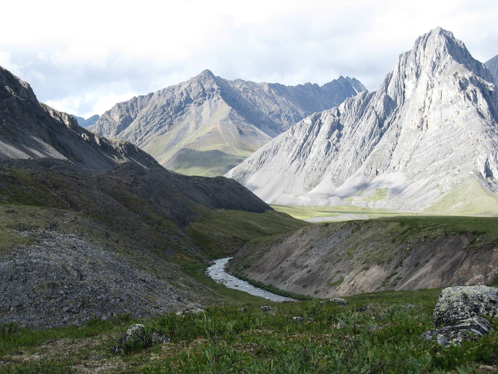 A winding river flows through a lush green valley, flanked by steep, rocky mountains under a cloudy summer sky.