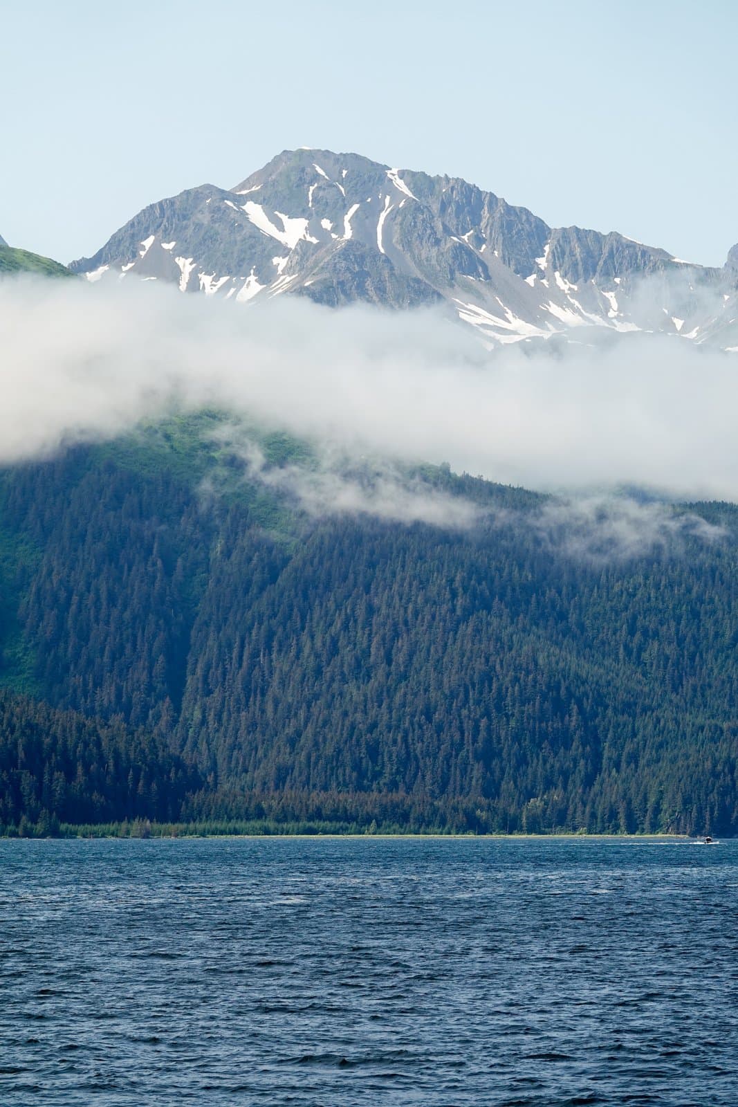 Snow-capped mountains rise above a dense evergreen forest and the dark waters of the coastline near Seward, Alaska, under a cloudy sky.