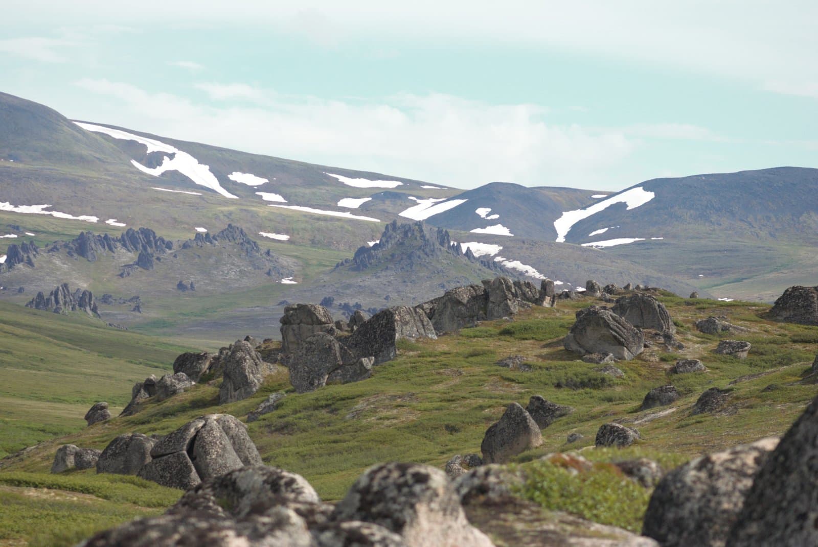 Rugged granite rock formations dot the rolling green tundra landscape of the Bering Land Bridge National Preserve under a cloudy sky.