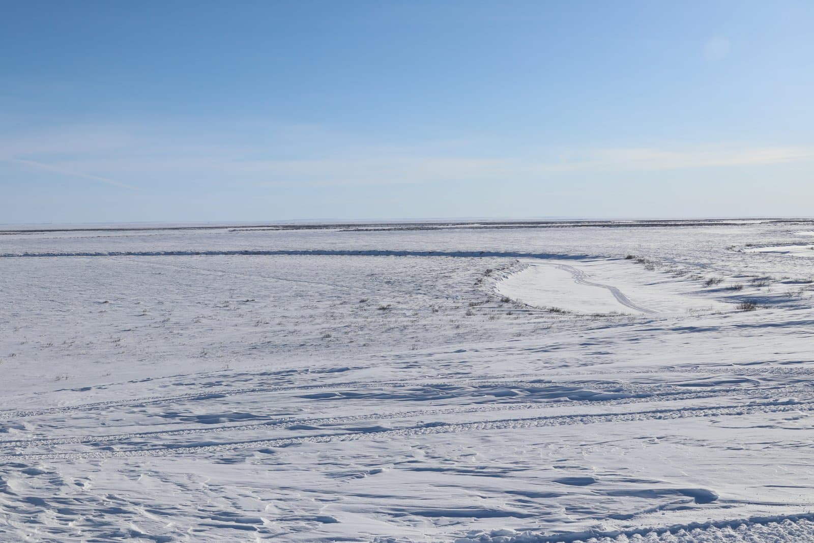 A vast, snow-covered expanse of the Colville River stretches toward the horizon under a clear, bright blue sky in northern Alaska.
