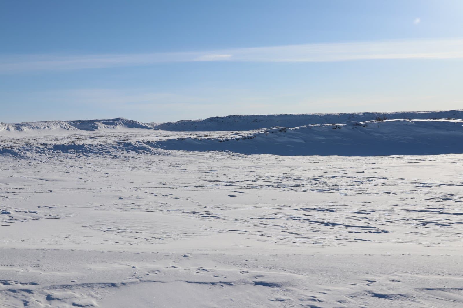 A vast, snow-covered expanse stretches across the Kick River bottom under a clear blue sky in rural Alaska.