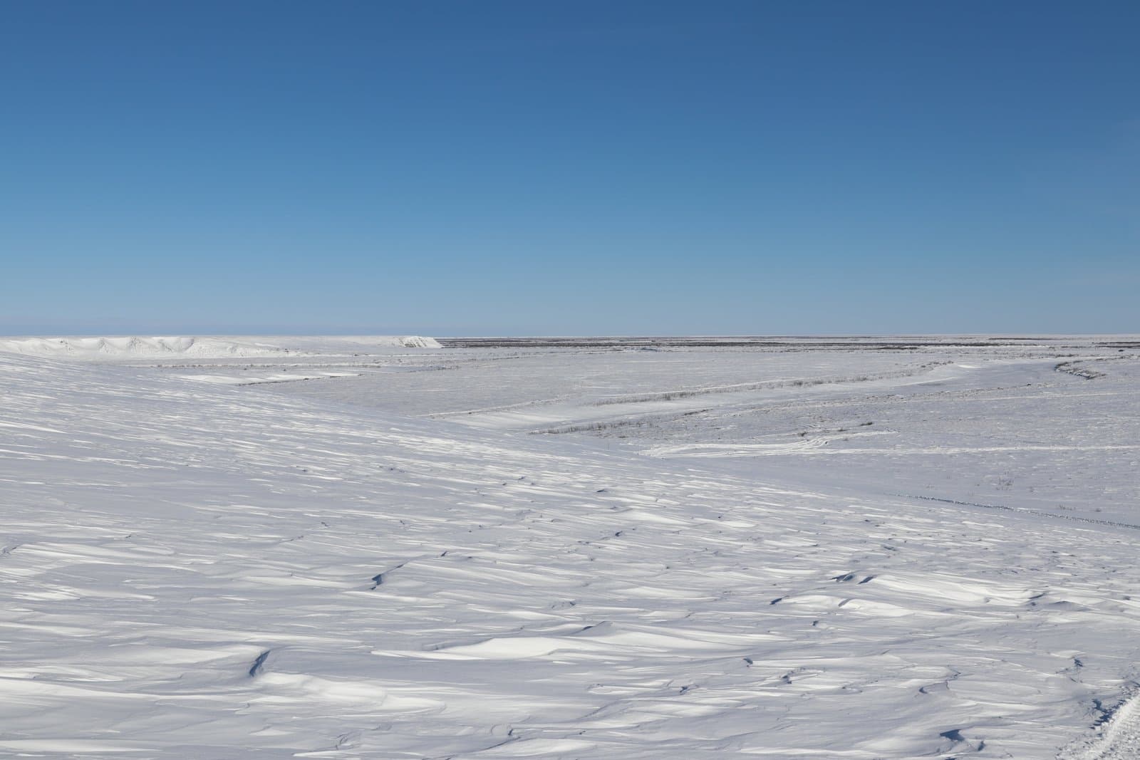 A vast, snow-covered tundra landscape stretches toward the horizon under a clear blue sky, featuring the frozen expanse of the Colville River.